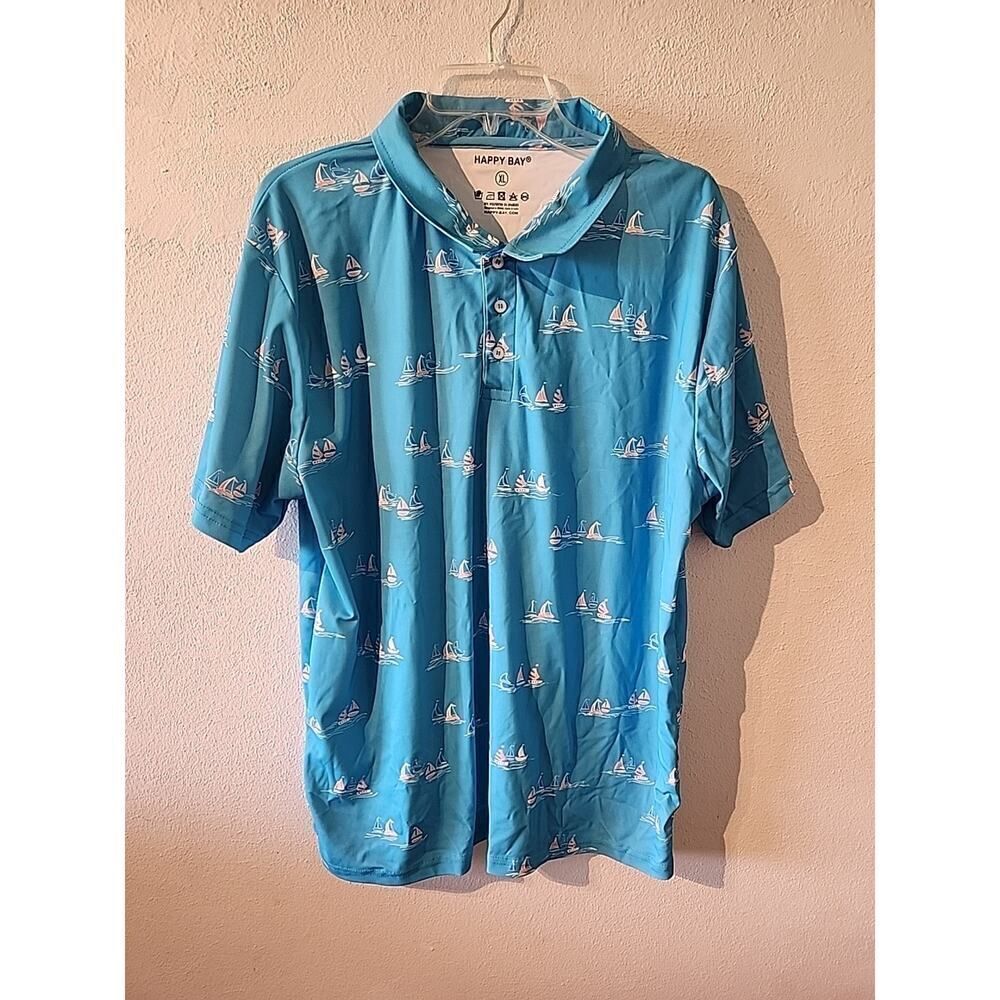 Happy Bay Men's XL Beach Sailing Boat Summer Vacation Polo Shirt Blue Fishing